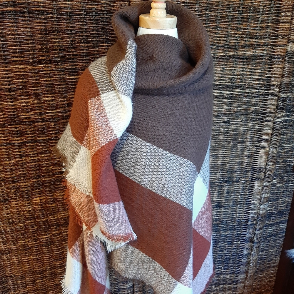 Oversized Classic Plaid Cozy Fall Blanket Scarf Fringe Trim Brown Orange Boho